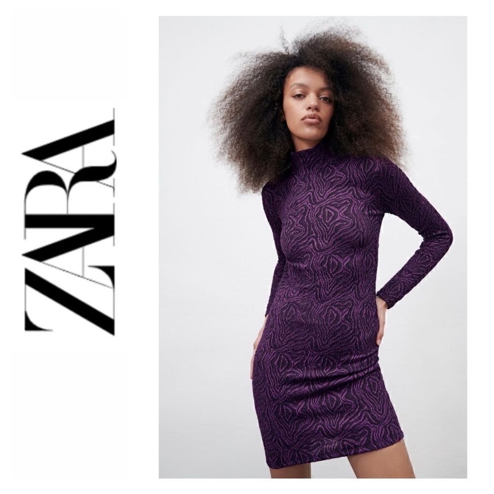 NWT Zara Purple & Black Jacquard Long Sleeve Mock Neck Mini Dress, Size Medium